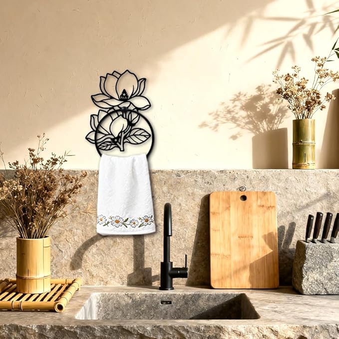 MAYJOYDIY Flower Metal Towel Ring Round Magnolia Denudata Hand Towel Holder Ring Hanger Black Vintage Towels Wall Organizer for Kitchen Bath Home Laundry Room Decors Gifts