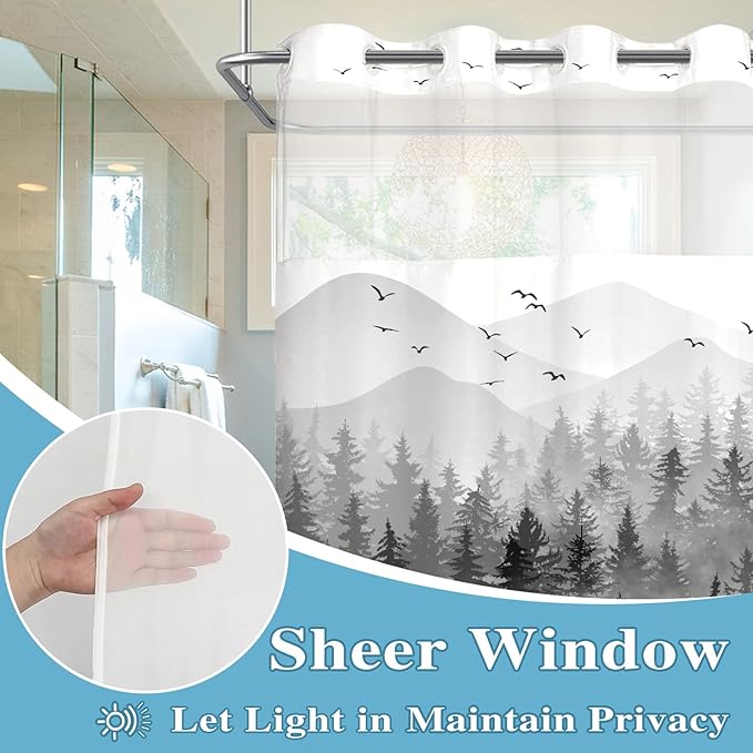 Accnicc No Hook Shower Curtain with Snap in Liner Black Gray Misty Forest Hookless Shower Curtains for Bathroom Foggy Nature Pine Tree Mountain Woodland Waterproof Fabric Bath Curtain Decor 71×74In