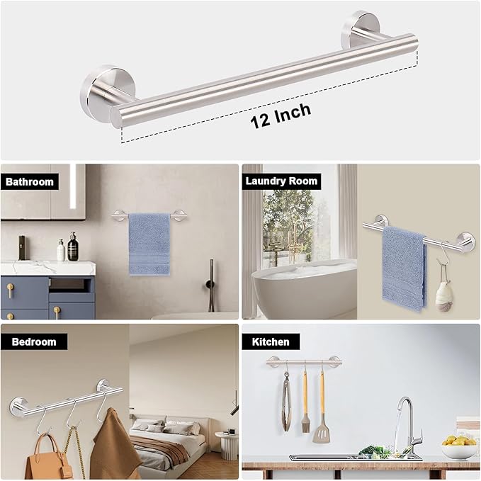 Livabber Bath Towel Bar, 304 Stainless Steel Towel Rack, Heavy Duty Towel Holder Wall Mounted for Bathroom/Kitchen, Usable Hanging Length-9.3 Inch, Total Length-12 Inch (Brushed Nickel)