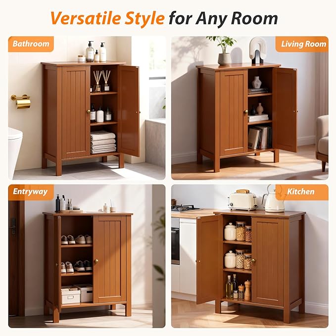 Bonnlo Free Standing Bathroom Storage Cabinet, Rustic Brown Floor Cabinet with Doors, Small Wooden Accent Sideboard Console for Entryway, Kitchen, Living Room Organization, 31.5" H