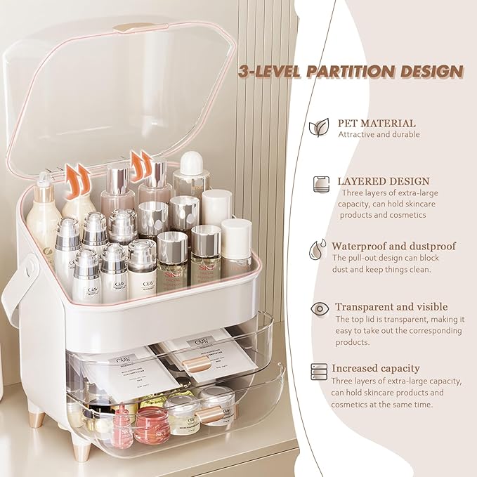 Makeup Organizer Countertop, Makeup Brush Holder with Lid & Drawers, Bathroom Vanity Organizer and Storage, Make Up Organizer for Vanity, Skincare Organizer Gifts for Girls, Wife, Mom