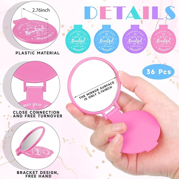 36 Pcs 2.76 Inch Inspirational Compact Mirror Bulk Women Small Gifts Graduation Party Favors Purse Mirror Pocket Mini Stuffer Items for Adult Coworker Cheerleader Employee (Mixed Color)
