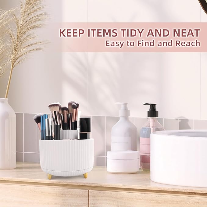 360°Rotating Makeup Organizer, 5 Slot Makeup Brush Holder, Spinning Cosmetic Organizer for Vanity, Bedroom(White)