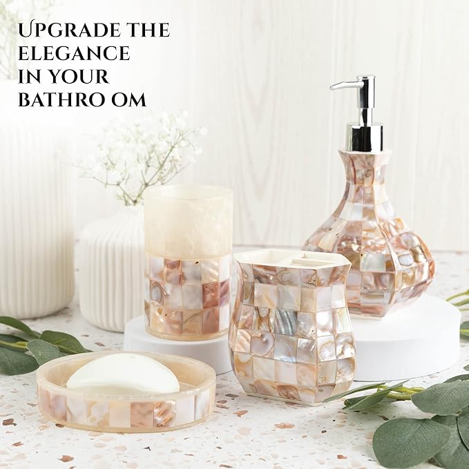 Milano Bathroom Accessories Set - 4 Piece Bathroom Accessory Set with Natural Mother of Pearl Shells - Decorative Bathroom Set Includes: Soap Dispenser, Toothbrush Holder, Tumbler and Soap Dish