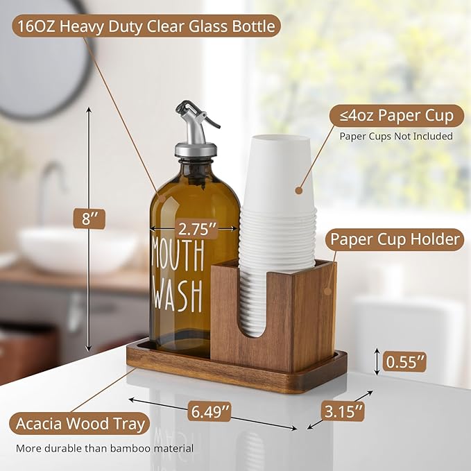 Amber Glass Mouthwash Dispenser for Bathroom, 16 OZ Mouthwash Dispenser with Pour Spout and Acacia Wood Cup Holder and Tray, Mouth Wash Bottle Container for Kitchen Bathroom Decor and Accessories