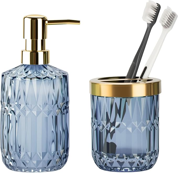 Glass Bathroom Accessories Set, 2PCS Clear Glass Bathroom Accessory, Toothbrush Holder and Soap Dispenser Set for Modern Bathroom Decor(Blue)
