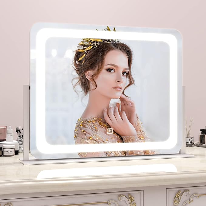 ROLOVE Large Vanity Mirror with Lights, 22"x17" Lighted Makeup Mirror for Desk, 3 Color Dimmable LED Lights, Smart Touch Control & 360° Rotation Tabletop Dresser Mirror (White)