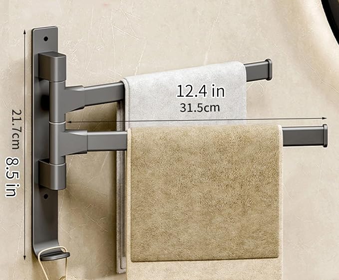 2 Arms Swivel Towel Rack Thicken Towel Holder with Hook Space Saving Towel Bar Wall Mount Swivel Towel Racks for Bathroom Kitchen-Grey