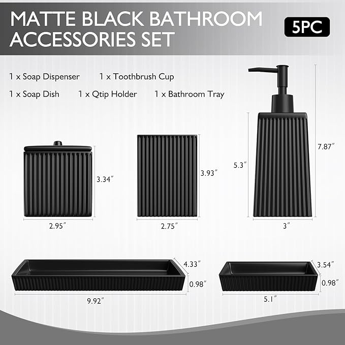 XLHOMO Bathroom Set - Black Bathroom Accessories Set, 5PCS Ceramic Bathroom Accessory Set, Bathroom Sets with Soap Dispenser, Toothbrush Tumbler, Soap Dish, Q-tip Holder & Vanity Tray