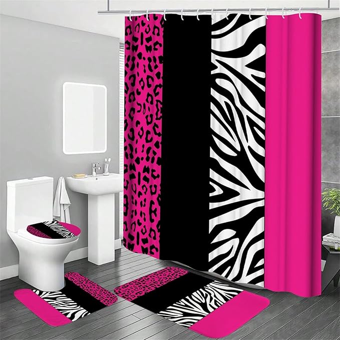 Onalasyc 4Pcs Rosy Leopard Shower Curtain with Rugs Set Waterproof Cheetah Print Bathroom Sets with Shower Curtain and Rugs Rosy Leopard Animal Print Bathroom Curtains Shower Set with 12 pcs Hooks