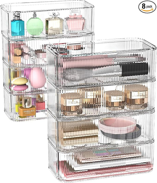 8-Pack Clear Stackable Storage Drawers with 16 Non-Slip Silicone Feet, Multi-Purpose Cosmetic & Home Organizers for Vanity, Office, Bathroom, Pantry, Easy-Pull Transparent Acrylic Storage Bins