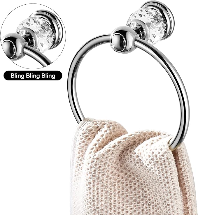 WINCASE Chrome Towel Ring, Bath Hand Towel Holder Crystal, Silver Towel Rack Wall Mounted