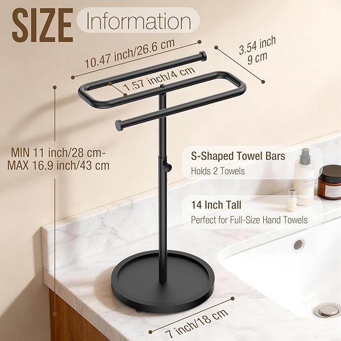 Aetyord Adjustable Hand Towel Holder Stand for Bathroom Countertop, S-Shaped Stainless Steel Towel Rack with Wood Base Strong and Suction Cups, Free Standing Hand Towel Tree for Kitchen Vanity