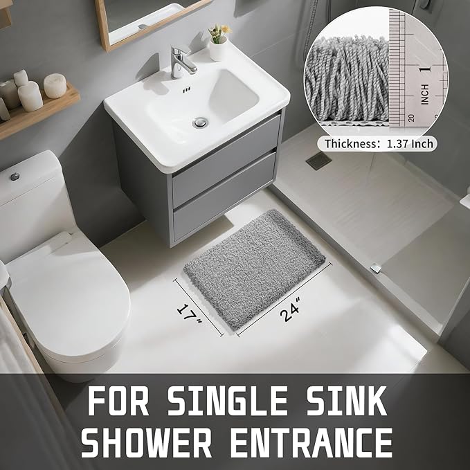 Yimobra Bathroom Rugs Non Slip Washable, Ultra Soft and Water Absorbent Bath Mats, Plush Fluffy Shower Mat Outside, Microfiber Thick Matts for Bathroom Floor/Sink, 24x17, Pure Gray