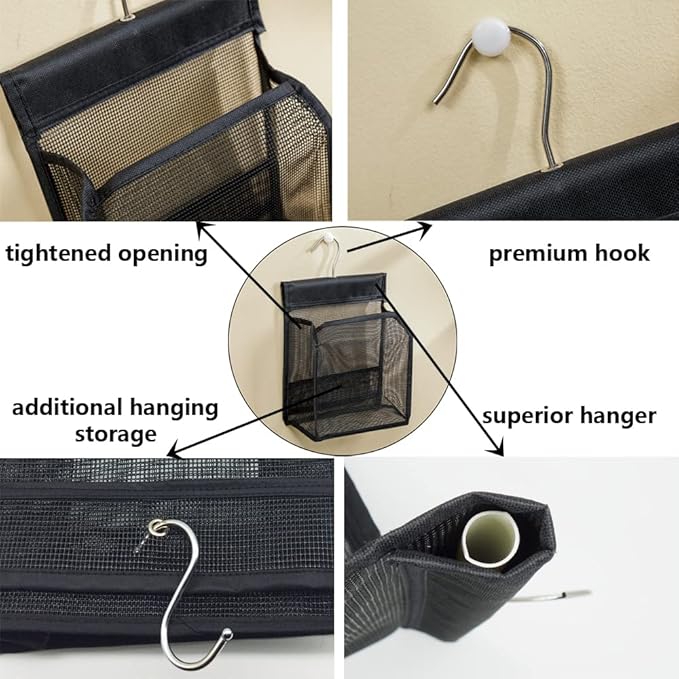 ALYER Hanging Mesh Shower Caddy Organizer Bathroom Storage Bag with Hooks for College Dorm, Gym, Swimming,RV and Travel,Black-2 Pack