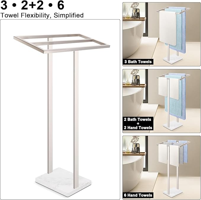 Livabber Standing Towel Rack, 304 Stainless Steel 2 Tier Towel Holder Stand with Heavy Marble Base, Stylish Floor Towels Bar for Bathroom Accessories, Laundry Room, Pool (Brushed Nickel)