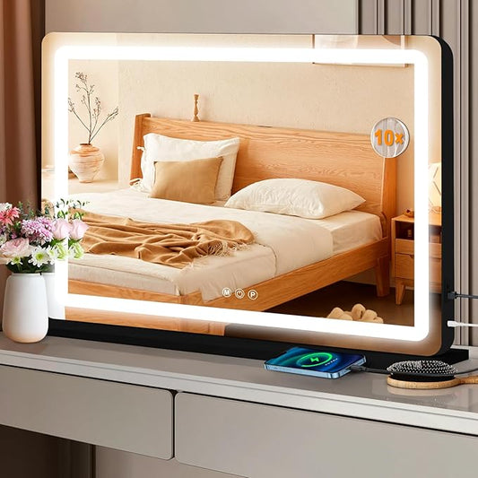 Ratsamee Vanity Mirror with Lights, Led Makeup Mirror, Lighted Makeup Mirror with 3 Color Dimmable Lights, Smart Touch Screen Control, Aluminum Metal Frame,USB Charging Port