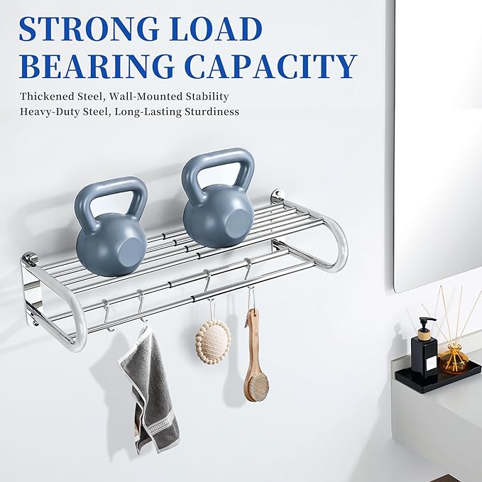 Alise Adjustable 16-28 Inches Double Towel Rack for Bathroom,Wall Mount Double Towel Racks,SUS304 Stainless Steel Towel Holder,Retractable Towel Shelf with 2 Towel Bars 4 Movable Hooks,Chrome