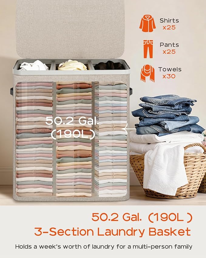 CASAMAYA Laundry Basket with Lid, Laundry Hamper 3 Section, 190L collapsible Laundry Organizer, Easy Assembly, with Handles and Removable Liners, 25.2 x 15.7 x 29.5 Inches, Beige JSP904M