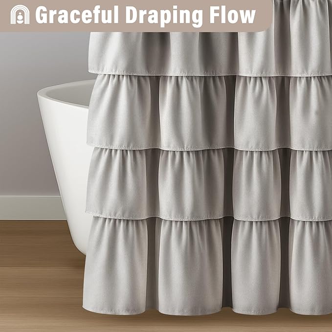 Seasonwood Ruffle Shower Curtain Gray Farmhouse Vintage Handcrafted Rustic Decorative Fabric Shower Curtains for Bathroom, 72" x 72"