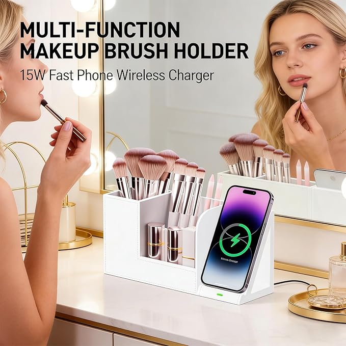 LADSTAG Makeup Brush Holder Organizer with Phone Charging Stand – Leather Cosmetic Cup for Perfume, Nail Polish, Lipstick & Art Supplies | Vanity, Bathroom & Desktop Organizer