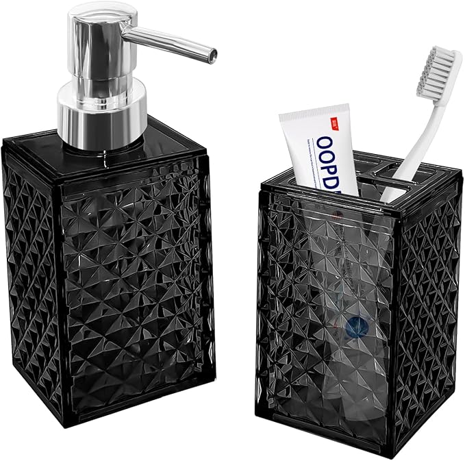 2PCS Black Bathroom Accessories. Contain Soap Dispenser and Toothbrush Holder Set. Boho Bathroom Set for Blue Bathroom Décor