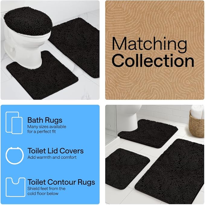 GORILLA GRIP Plush Absorbent Shaggy Chenille Bath Rug Mat for Oval Toilet Base with Rubber Backing, Machine Washable Rugs, Soft Microfiber Contour Mats for Toilets, Bathroom Decor, Black