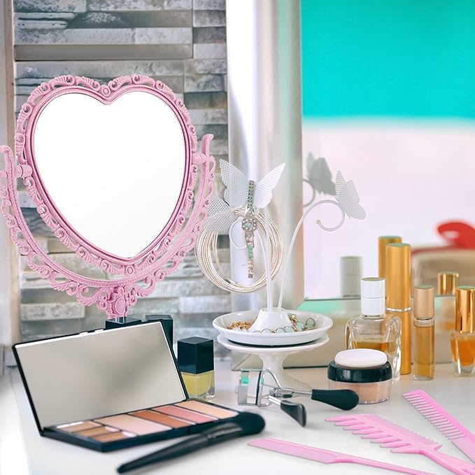 CHENGU Heart Shaped Mirror 8 Pieces Hair Styling Combs Double Sided Rotatable Dresser Heart Mirror Makeup Gifts for Girls Gift Vanity Tabletop(Pink)