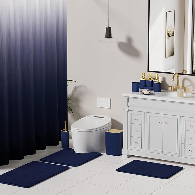 Bathroom Set - 27PC Bathroom Sets with Shower Curtain and Rugs, Blue Bathroom Set, Blue Bathroom Accessories Set with Push-lid Trash Can, Toilet Brush & Soap Dispensers