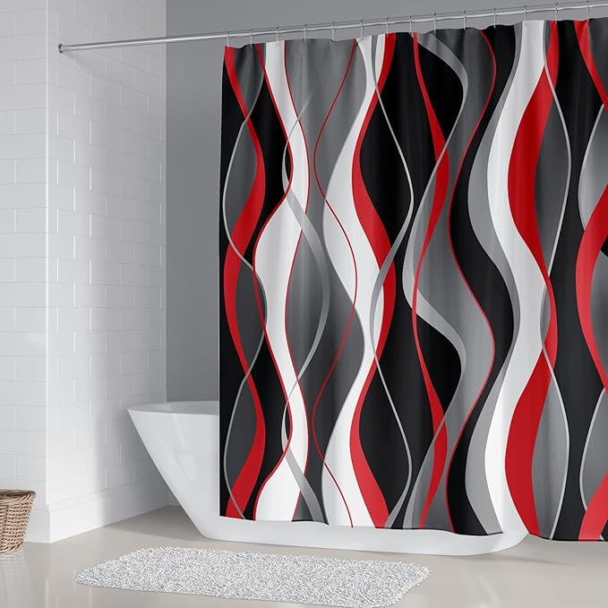 beifivcl 4Pcs Red Shower Curtain Sets with Non-Slip Rugs, Toilet Lid Cover and Bath Mat, Black and Gray Bathroom Decor Set Accessories Fabric Waterproof Shower Curtains with 12 Hooks, 72 x 72 Inch