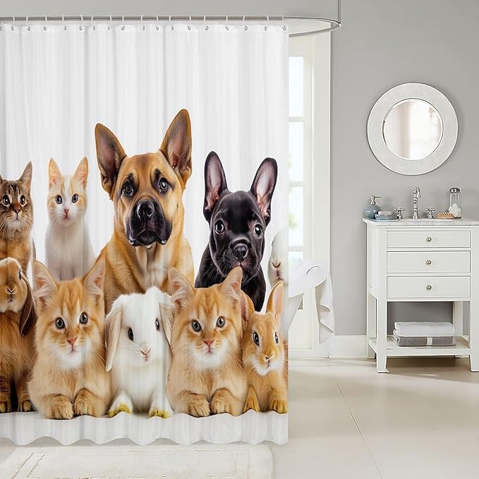 Feelyou Kids Dog Shower Curtain Puppy Cat Kitten Pattern Bathroom Shower Curtain Set for Boys Teens 3D Pet Animal Bath Curtain Cute Stalls Waterproof Curtain Bathtubs Decor 72"x72"