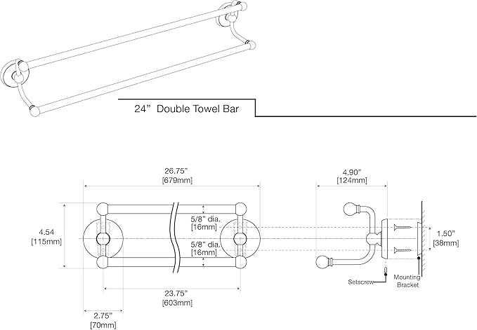 Gatco 5375 Designer II 24" Double Towel Bar, Chrome/Wall Mounted 24" Double Towel Holder Bar Rack for Bathroom