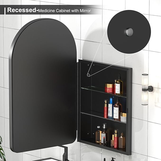 Arched Medicine Cabinet with Mirror,20x31 Inch Black Recessed Bathroom Cabinet, Modern Mirror Cabinet Surface Mount,Black Arched Medicine Cabinet with Storage,Adjustable Shelves