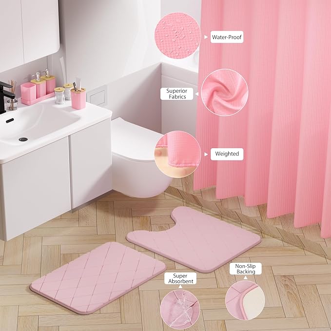 Bathroom Accessory Set - 25PC Bathroom Sets with Shower Curtain and Rugs, Pink Bathroom Set, Bathroom Accessories Set, Shower Curtain Sets with Rugs, Bathroom Trash Can & Soap Dispenser