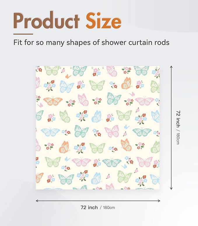 MAMUSE Shower Curtain for Bathroom - Cute Aesthetic Decorative Modern Girly Unique Girls Design Pretty Women Waterproof Fabric Cloth Cortinas de Baño Bathtub 72 x 72 Inch, Fresh Butterfly