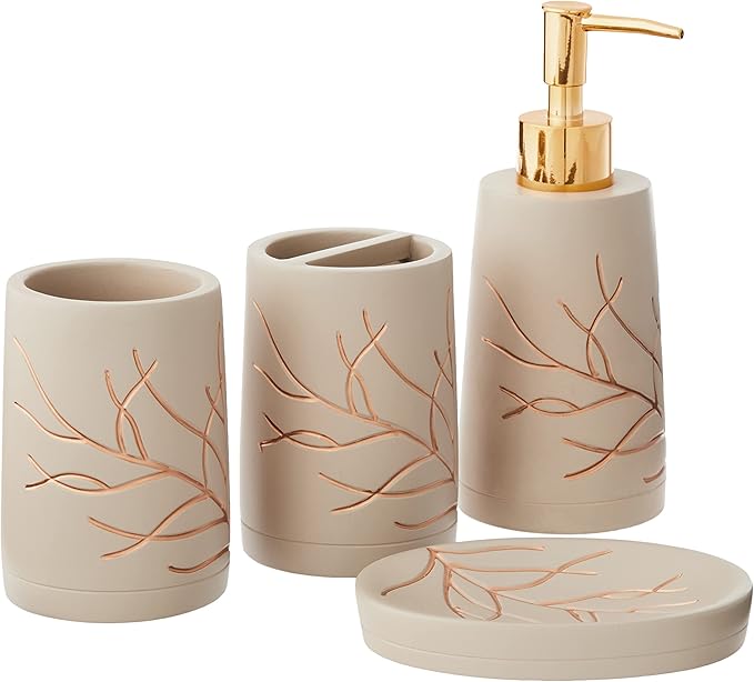 Sweet Home Collection Bathroom Accessories Unique Collections Modern Classic Contemporary Decorative Beautiful Designs Bath Shower Tub Décor, 4 Piece Set, Branches (Pack of 1, 4 Count)