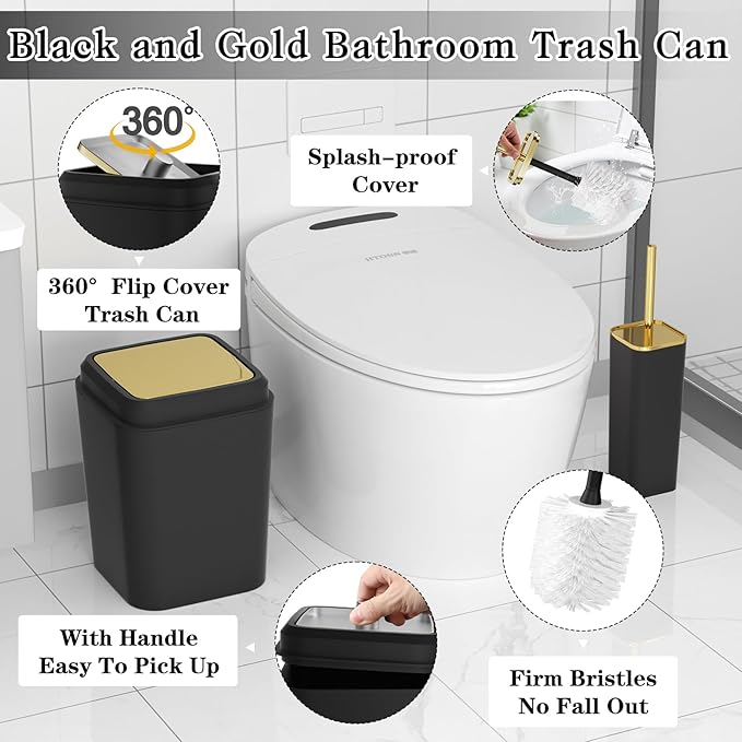 XLHOMO Black Bathroom Accessories Set, Black and Gold Bathroom Accessories with Trash Can, Tray, Soap Dispenser, Soap Dish, Toothbrush Holder, Toothbrush Cup,Toilet Brush and Qtip Holders
