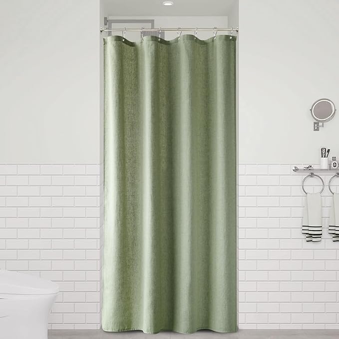 Naturoom 48 Inch Shower Curtain - Stall Narrow Half Green Linen Ultra Thick Fabric Shower Curtain Set with Hooks, Boho Farmhouse Rustic RV Camper Bath Curtains for Bathroom, Sage Green, 48 x 72