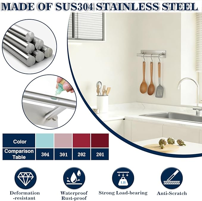 Alise Adhesive Towel Bar Brushed Nickel,Towel Racks for Bathroom Wall Mounted,Bathroom Towel Rack SUS304 Stainless Steel,Towel Holder for Bathroom Hardware Decoration,Sticky or Screw-Mounted,8 Inch