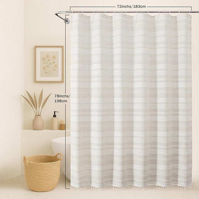 OVZME Linen Shower Curtain 78 Inch Long, Boho Farmhouse Thick Striped Fabric Hotel Shower Curtain with Tassel, Minimalist Textured Weighted Machine Washable Bathroom Decor, 72Wx78L Inches