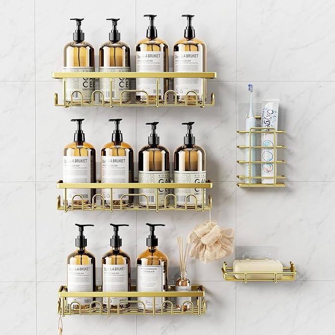 Shower Caddy, 5 Pack Shower Shelves for Inside Bathroom, Rustproof Adhesive Bathroom Organizer with Soap Holder, No Drilling Washroom Organizers and Storage for Bathtub Room/Kitchen/Home, Gold