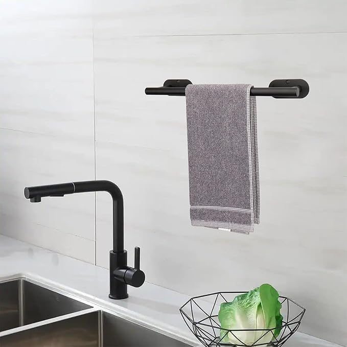 TocTen Self Adhesive Bathroom Towel Bar, Stick Towel Rack for Bathroom, Rustproof Stainless Steel Bath Towel Holder No Damage, Easy to Install Drill Free Towel Rod for Bathroom (Matte Black, 16 Inch)