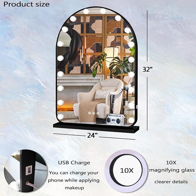 32 x 24 Inch Hollywood Black Arch Vanity Mirror with Lights 3 Color Dimmable Black Arched Lighted Vanity Mirror for TableTop Wall Detachable Base X10 Magnifying Arch Makeup Mirror with Lights