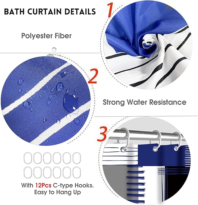 All Smiles Blue Shower Curtain Sets with Non-Slip Rugs,Toilet Lid Cover and Bath Mat, Black and Gray Bathroom Decor Set Accessories Waterproof Shower Curtains