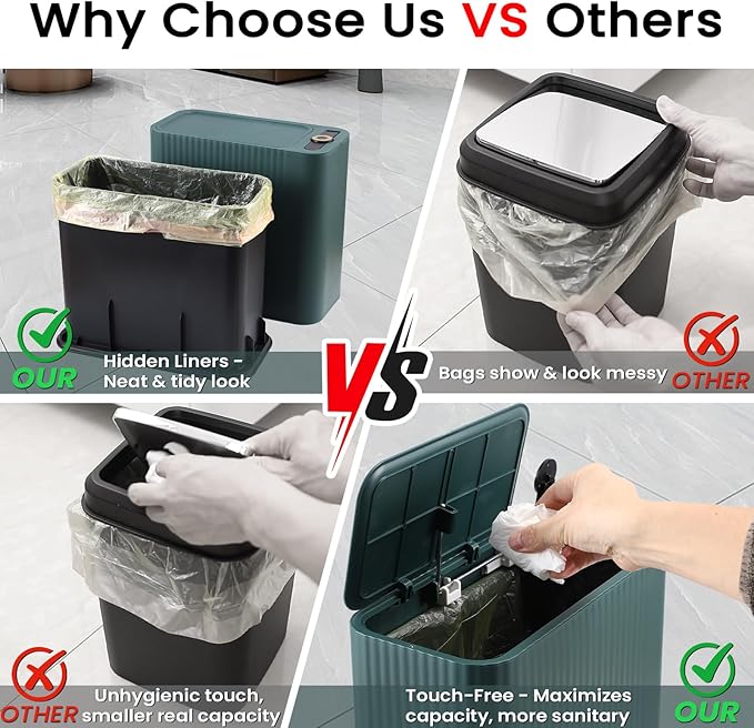 XLHOMO 9-Piece Dark Green Bathroom Accessories Set - Slim Pop-up Trash Can with Lid, Toilet Brush, Soap Dispenser & Apothecary Jars - Luxury Emerald Decor for Small Spaces