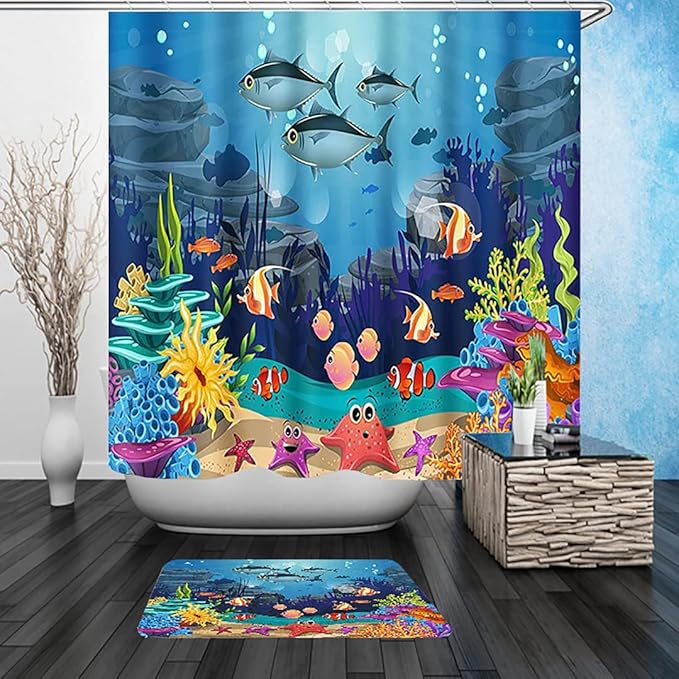 NBVKO 4PCS Cartoon Blue Ocean and Creature Shower Curtain Set with Non-Slip Rugs,Toilet Lid Cover and Bath Mat,Bathroom Decor Accessory Set