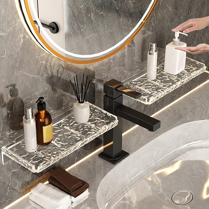 2pcs Floating Wall Storage Shelf Bathroom Organizer No Drilling Transparent Water Ripple Design Space-Saving Toiletries Rack for Kitchen and Living
