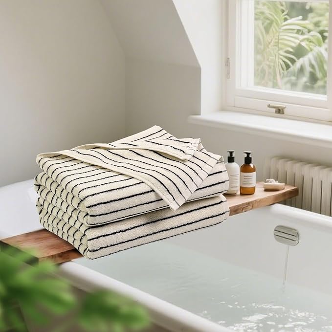 Jacquotha Black and Ivory Striped Bath Towels Set of 2, Lighter & Quick Dry Towels Large 27.5 x 55 inches, Farmhouse for Bathroom, Pool, Shower