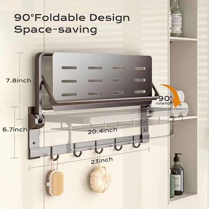Rust-Proof Floating Shelves Organizer with Foldable Towel Bar 5 Towel Hooks Wall Mounted Organizer 23-Inch Towel Racks for Bathroom Lavatory Kitchen Rv Home Decor, Grey