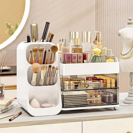 Makeup Organizer for Vanity, Large Capacity Cosmetic Display Case with Clear Acrylic Drawer, Countertop Beauty Storage Holder for Skincare, Brush Eyeshadow Lipstick Counter Desk, Crystal White